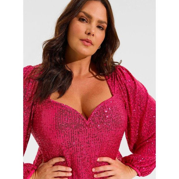 Torrid NWT Sequin Deep V-Neck Long Sleeve Blouse Pink Peacock | Size 3X - Picture 3 of 10